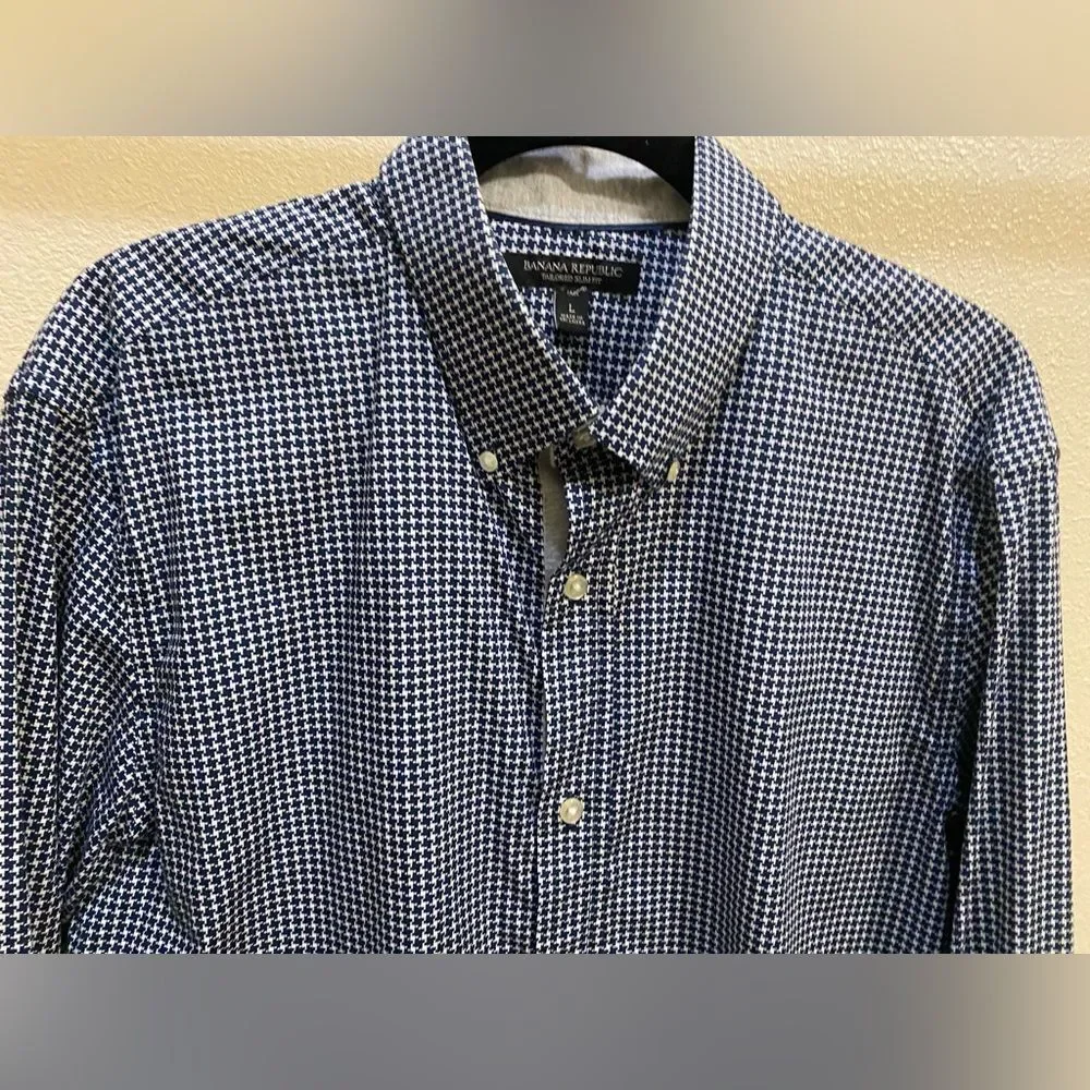 Banana Republic Navy Checkered Gingham Button Down Dress Shirt Men's Sz LT